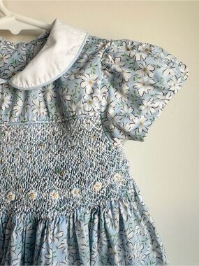 Question Everything Floral Hand Smocked Baby Dress - Light Blue & White 12-18M